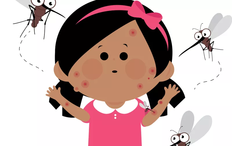 Vector illustration of a girl with red itchy skin with mosquito bites. Mosquitoes flying around her and biting her.