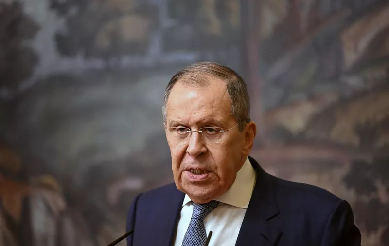 Russian Foreign Minister Sergei Lavrov attends a joint press conference with his Omani counterpart following their talks in Moscow on July 11, 2023. (Photo by NATALIA KOLESNIKOVA / POOL / AFP)