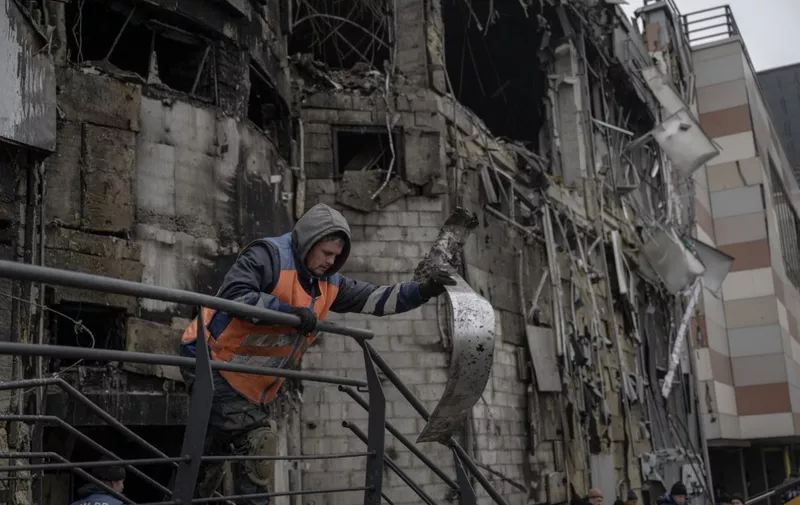 DNIPRO, UKRAINE - DECEMBER 29: A view of the destruction after Russian airstrikes which killed 6 and injured around 28 people including a baby and severely damaged vehicles, a shopping mall , a maternity hospital and other buildings according to statements of Governor of Dnipropetrovsk Serhiy Lysak in Dnipro, Ukraine on December 29, 2023. Ozge Elif Kizil / Anadolu (Photo by Ozge Elif Kizil / ANADOLU / Anadolu via AFP)