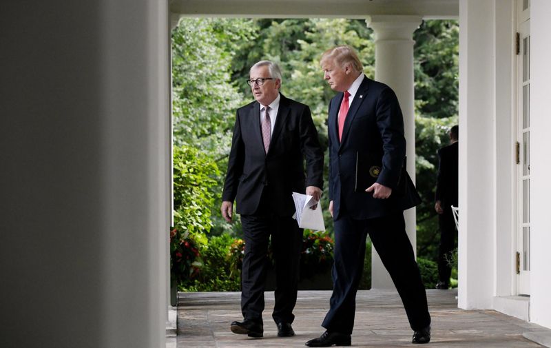 U.S. President Donald Trump (R) and President of the European Commission Jean-Claude Juncker, walk to a press conference in the Rose Garden at the White House July 25, 2018 in Washington, DC. ., Image: 379530305, License: Rights-managed, Restrictions: , Model Release: no, Credit line: Profimedia, Abaca