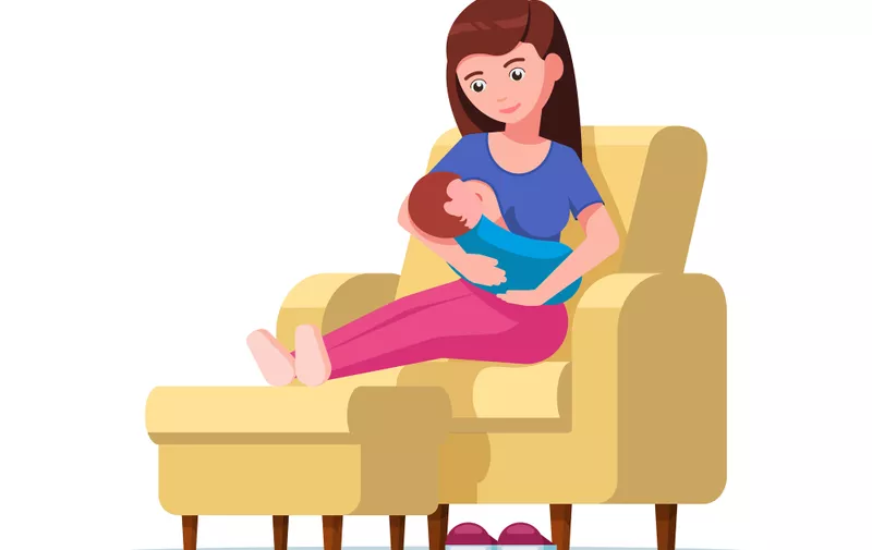 Vector illustration young mother breastfeeding sitting on a chair with a padded stool. Woman is feeding baby on an armchair with ottoman. Girl with a newborn. Flat style.