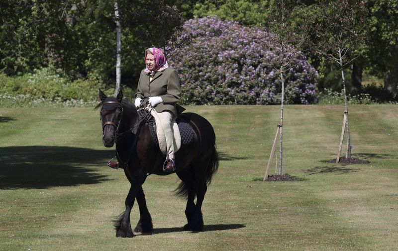 Britain's Queen Elizabeth II rides Balmoral Fern, a 14-year-old Fell Pony, in Windsor Home Park, west of London, over the weekend of May 30 and May 31, 2020. (Photo by Steve Parsons / POOL / AFP)