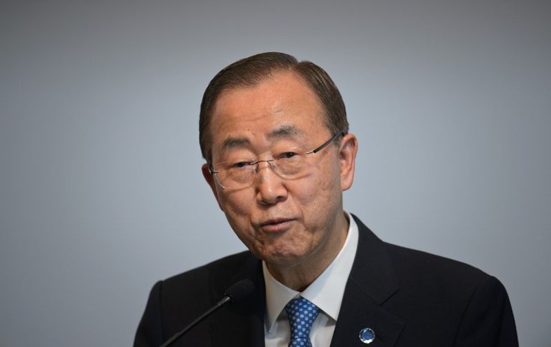 UN Secretary General Ban Ki-moon speaks at a 'UN Global Compact - Korea Leaders Summit' event at a hotel in Seoul on May 19, 2015. At a separate event on the same day, Ban urged North Korea to avoid any actions that might escalate military tensions as South Korea's president spoke again of a "reign of terror" in Pyongyang.      AFP PHOTO / Ed JONES
