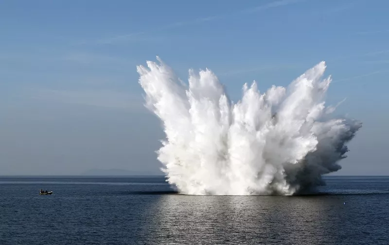A World War II-era bomb of the US air force is detonated by the crew of French minesweeper Orion in Bastia on June 2, 2015. AFP PHOTO / PASCAL POCHARD-CASABIANCA (Photo by PASCAL POCHARD-CASABIANCA / AFP)