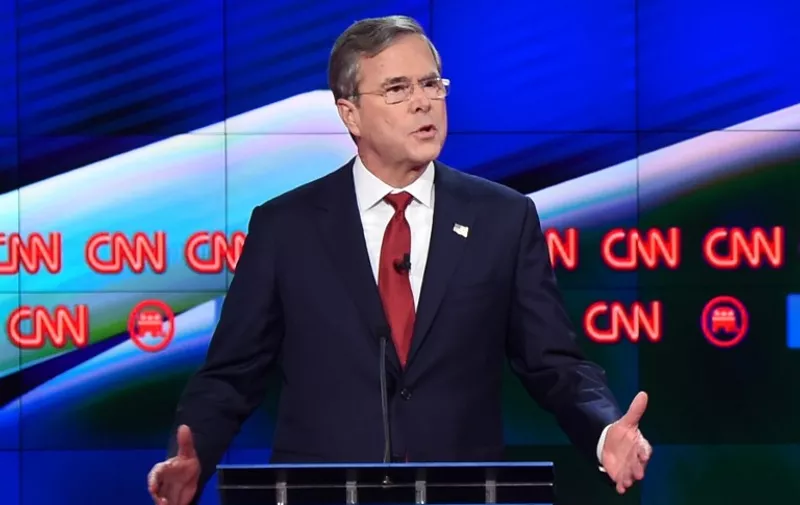 Republican presidential candidate  former Florida Gov. Jeb Bush speaks during the Republican Presidential Debate, hosted by CNN, at The Venetian Las Vegas on December 15, 2015 in Las Vegas, Nevada. AFP PHOTO/ ROBYN BECK / AFP / ROBYN BECK