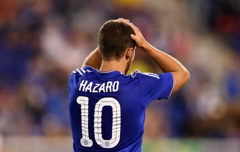Chelsea's midfielder Eden Hazard reacts after missing to goal during their International Champions Cup match at the Red Bull Arena in Harrison, New Jersey, on July 22, 2015. New York Red Bulls defeated Chelsea 4-2. 