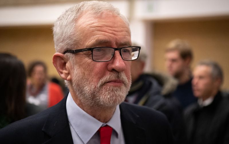 LONDON, ENGLAND - DECEMBER 13: Labour Party leader Jeremy Corbyn speaks with supporters at Sobell leisure centre after retaining his parliamentary seat on December 13, 2019 in London, England. Labour leader Jeremy Corbyn has held the Islington North seat since 1983. The current Conservative Prime Minister Boris Johnson called the first UK winter election for nearly a century in an attempt to gain a working majority to break the parliamentary deadlock over Brexit. The election results from across the country are being counted overnight and an overall result is expected in the early hours of Friday morning. (Photo by Leon Neal/Getty Images)
