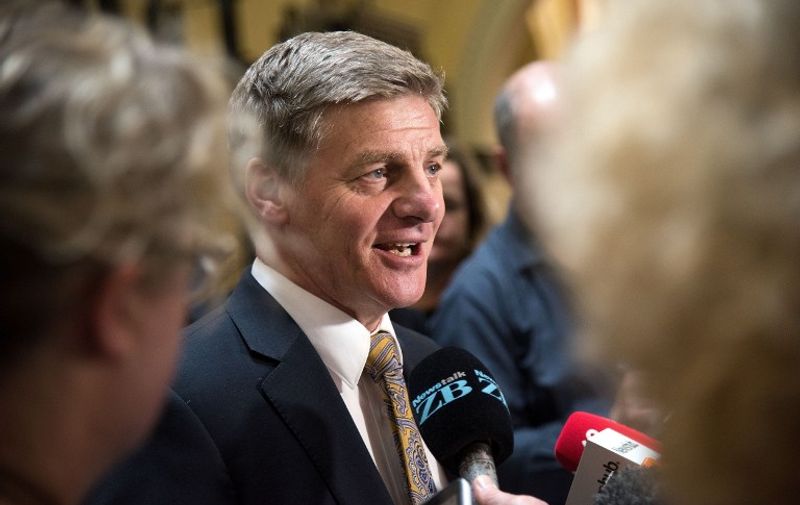 New Zealand Deputy Prime Minister Bill English speaks to the media during a press conference at Parliament in Wellington on December 5th, 2016. 
Prime Minister of New Zealand John Key announced his resignation that will take effect from December 12. English has been put forward by Key as his replacement. / AFP PHOTO / Marty Melville