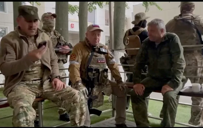 The owner of the Wagner private military contractor Yevgeny Prigozhin is seen in a video speaking with Russian Deputy Minister of Defense Yunus-Bek Yevkurov and Deputy Chief of The Main Intelligence Directorate of the Russian General Staff, Lt. Gen. Vladimir Alexeyev, after controlling Southern Army Command Centre in Rostov-On-Don on Saturday June 24, 2023 saying he and his troops are in control of military facilities in Rostov-on-Don and control of the airfield. The rebellious Russian mercenary chief, who called for an armed rebellion aimed at ousting Russia's defence minister, appeared and claimed in a video that he and his troops have taken control of the military command headquarters in Rostov-on-Don.,Image: 785124635, License: Rights-managed, Restrictions: , Model Release: no