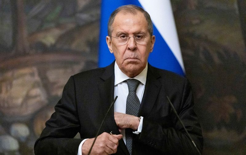 Russian Foreign Minister Sergei Lavrov speaks during a joint press conference with Palestinian Foreign Minister following a meeting in Moscow on May 5, 2021. (Photo by Alexander Zemlianichenko / POOL / AFP)