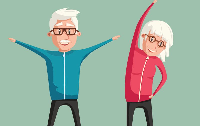 Senior people and gymnastics. Elderly couple. Grandparents doing exercises. Sport. Morning exercises. Cartoon vector illustration