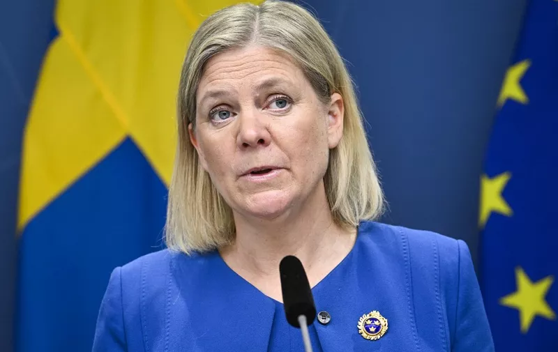 Sweden's Prime Minister Magdalena Andersson gives a news conference in Stockholm, Sweden, on May 16, 2022. - Sweden will apply for membership in NATO as a deterrent against Russian aggression, Swedish Prime Minister Magdalena Andersson said in a historic reversal of the country's decades-long military non-alignment. 
"The government has decided to inform NATO that Sweden wants to become a member of the alliance. Sweden's NATO ambassador will shortly inform NATO," Andersson told reporters a day after neighbouring Finland made a similar announcement. (Photo by Henrik MONTGOMERY / various sources / AFP) / Sweden OUT
