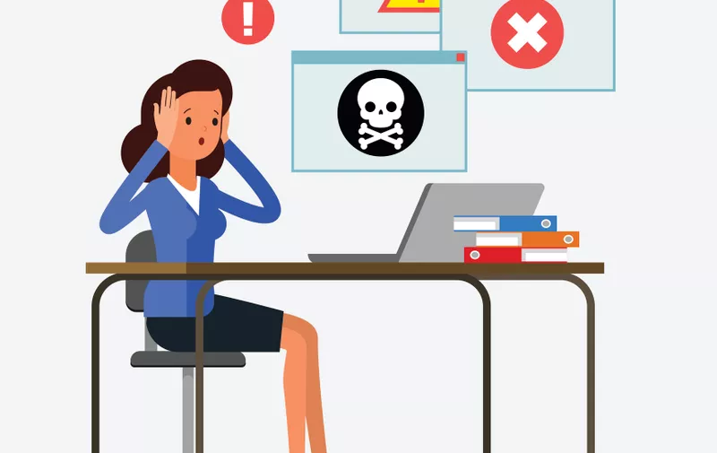 Concept of computer viruses, system errors. Cartoon business woman sitting at the table and working on the computer. Flat design, vector illustration.