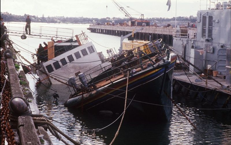 (FILES) -- A file picture taken on August 14, 1985 shows the Greenpeace ecologist organization boat "Rainbow Warrior" which was sunk in the bay of Auckland on July 10, 1985 by French secret services, as it was en route to Pacific Ocean to protest against French nuclear tests. Colonel Jean-Luc Kister, the combat diver of the French DGSE (General Direction of Foreign Security) who planted the explosive charge which sank the ''Rainbow Warrior'' apologized in an interview broadcasted 30 years after the fiasco, on September 6, 2015.  / P