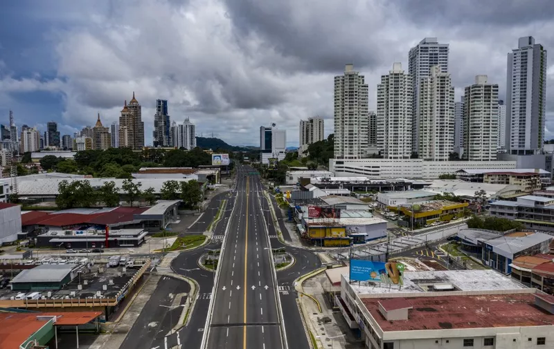Aerial view showing the empty Via Simon Bolivar or Transistmica Highway, in Panama City, taken on May 31, 2020 during the last day of total lockdown. - Panama enters a new phase of reopening on June 1, when restrictions will no longer be by gender or document number. The curfew will be from 7 pm to 5 am and children will be able to go out with their parents from 4 pm to 7 pm. (Photo by Luis ACOSTA / AFP)