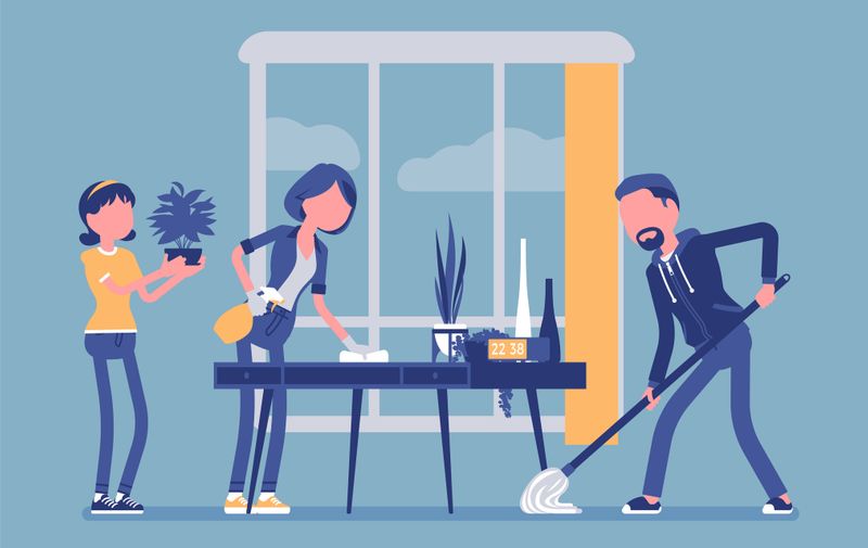 Family cleaning the house. People doing together regular light work of a household, housekeeping management of duties and chores. Vector illustration, faceless characters