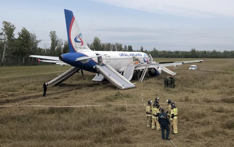 Law enforcement officers stand next to an Ural Airlines Airbus A320 passenger plane following its emergency landing in a field near the village of Kamenka, Novosibirsk region, on September 12, 2023. A Russian passenger Airbus A320 flying from the Black Sea resort of Sochi to the Siberian city of Omsk, with 167 people on board, made an emergency landing in an open Siberian field on September 12. Russia's aviation has been hard hit by Western sanctions over Moscow's Ukraine offensive. (Photo by Vladimir NIKOLAYEV / AFP)