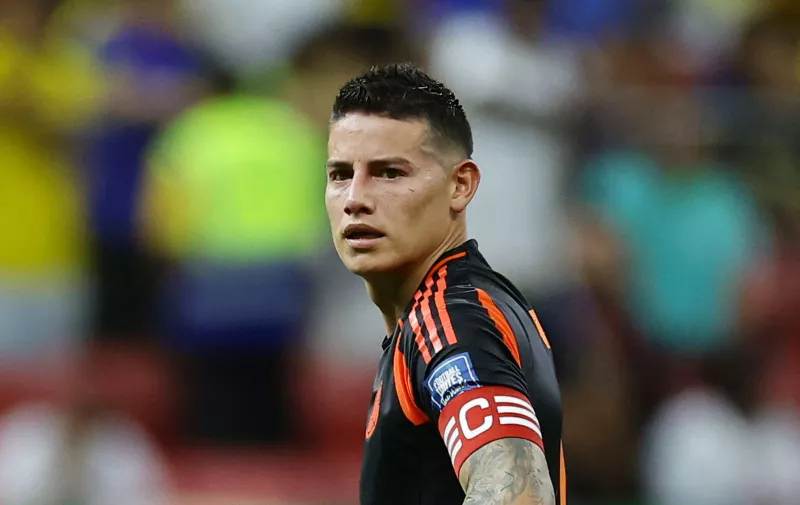 Soccer Football - World Cup - South American Qualifiers - Brazil v Colombia - Estadio Mane Garrincha, Brasilia, Brazil - March 20, 2025 Colombia's James Rodriguez reacts during the match REUTERS/Ueslei Marcelino