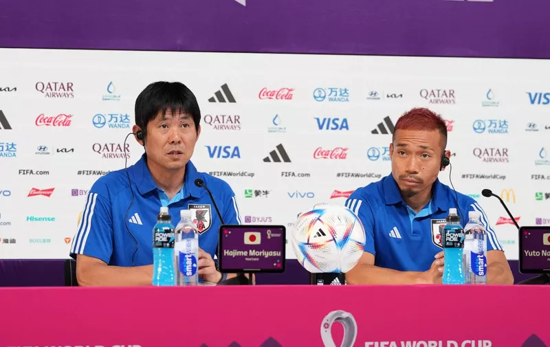 L to R Hajime Moriyasu head coach, Yuto Nagatomo JPN, DECEMBER 4, 2022 - Football / Soccer : Japan head coach Hajime Moriyasu L and Yuto Nagatomo attends a press conference, PK, Pressekonferenz before the FIFA World Cup, WM, Weltmeisterschaft, Fussball Qatar 2022 round of 16 match in Doha, Qatar. PUBLICATIONxNOTxINxJPN 205485523