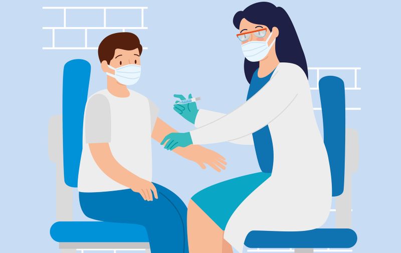 doctor female vaccinating to boy in consulting room vector illustration design