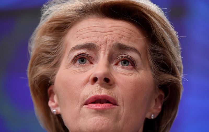 European Commission President Ursula von der Leyen speaks during a press conference to present the economic response to the Covid-19 crisis at the EU headquarters in Brussels on March 13, 2020. (Photo by JOHN THYS / AFP)