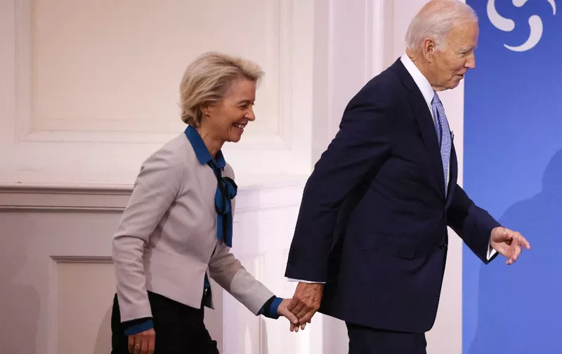 (FILES) In this file photo taken on September 21, 2022, US President Joe Biden leads EU Commission President Ursula von der Leyen to the stage at the end of the Global Fund Seventh Replenishment Conference in New York. - Biden will host von der Leyen for talks in Washington on March 10, the White House announced March 2, 2023. The two leaders will talk about their "strong cooperation" in supporting Ukraine in its fight against the Russian invasion, the climate crisis, as well as challenges posed by China, the White House said in a statement. (Photo by Ludovic MARIN / AFP)