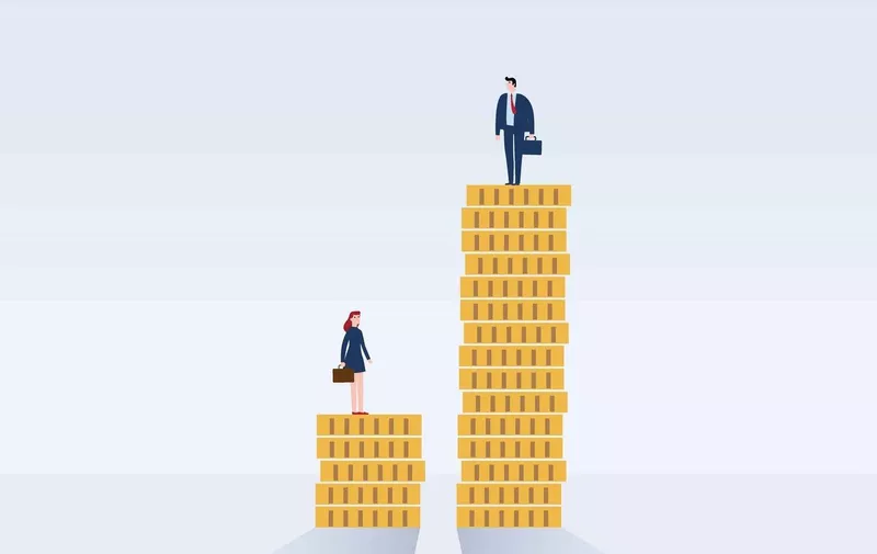 Gender gap and inequality in salary,pay vector concept. Businessman and businesswoman on piles of coins.discrimination, difference, injustice.Vector illustration flat cartoon character design, Image: 366098399, License: Royalty-free, Restrictions: , Model Release: no, Credit line: Profimedia, Stock Budget