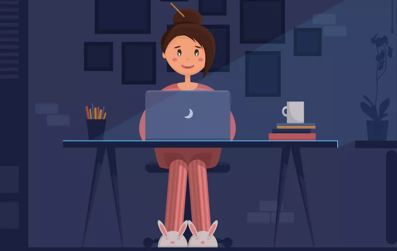 Freelancer young woman sitting in pijamas and bunny slippers at her home office with laptop at night, working. Moon light and no electrical light. Vector illustration, flat style, layered. (Freelancer young woman sitting in pijamas and bunny slippers