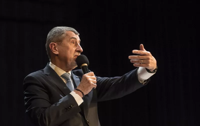 Candidate at the Czech Presidential elections and former Prime Minister Andrej Babis speaks and gestures on the podium during an election campaign event on January 19, 2023 in the town of Benesov, 40km away from Prague, Czech Republic. - Former Chief of the General Staff of the Army of the Czech Republic Petr Pavel will face billionaire lawmaker Andrej Babis in the second round of the Presidential Elections on January 27 and 28, after having secured a narrow first place in the first round. (Photo by Michal Cizek / AFP)