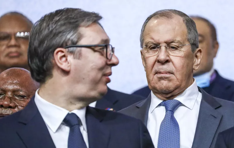 BELGRADE, SERBIA – OCTOBER 11, 2021: Serbia's President Aleksandar Vucic (L) and Russia's Minister of Foreign Affairs Sergei Lavrov during a photo session at a Non-Aligned Movement (NAM) high-level commemorative meeting marking the 60th anniversary of the first Conference of the Non-Aligned Movement held in Belgrade. Russian Ministry of Foreign Affairs/TASS,Image: 637534128, License: Rights-managed, Restrictions: , Model Release: no, Credit line: Profimedia