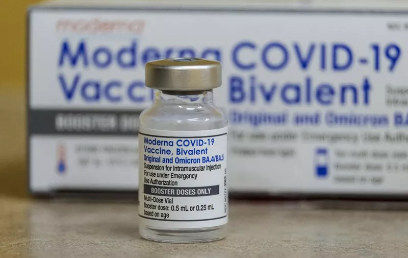 This photo shows a vial of the Moderna Covid-19 vaccine, Bivalent, at AltaMed Medical clinic in Los Angeles, California, on October 6, 2022. (Photo by RINGO CHIU / AFP)