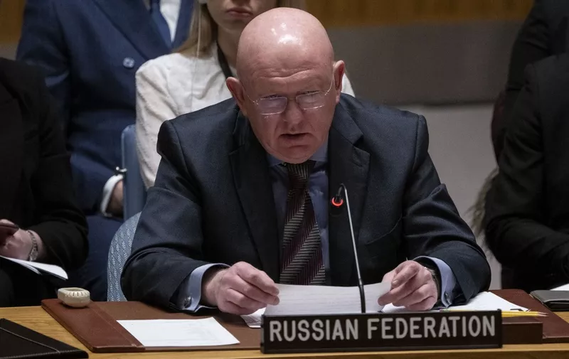 Russia's UN Ambassador Vasily Nebenzya speaks during a UN Security Council meeting on Ukraine, at UN headquarters in New York City on January 10, 2024. (Photo by ANGELA WEISS / AFP)