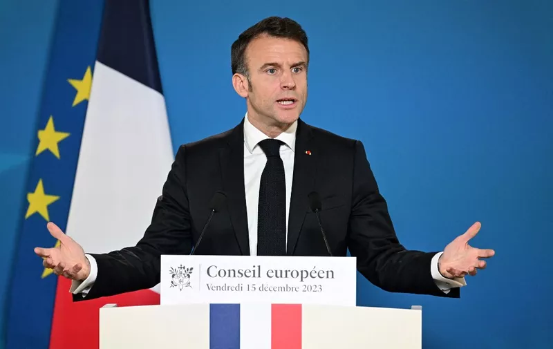 French President Emmanuel Macron gives a press conference at the end of an European Union summit at the European headquarters in Brussels on December 15, 2023. The president of the European Council confirmed on December 15, 2023 that European leaders had failed to agree to a budget plan including aid for Ukraine after an objection from one member, understood to be Hungary. (Photo by Miguel MEDINA / AFP)