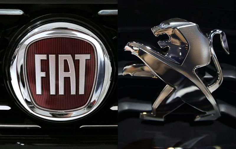 (FILES) (COMBO) This combination of file pictures created on October 31, 2019 shows the logo of Italian auto maker Fiat (L) in a cars dealer on January 12, 2017 in Saluzzo, near Turin, and the Peugeot logo pictured at the 2014 Paris Auto Show on October 3, 2014 in Paris. - PSA and Fiat Chrysler unveiled on October 31 a plan for a 50-50 merger of their operations to create the world's fourth-largest car manufacturer that would generate billions in savings without factory closures. In a joint statement the French and US-Italian carmakers said their boards of directors "have each unanimously agreed to work towards a full combination of their respective businesses by way of a 50/50 merger". (Photos by MARCO BERTORELLO and Joël SAGET / AFP)