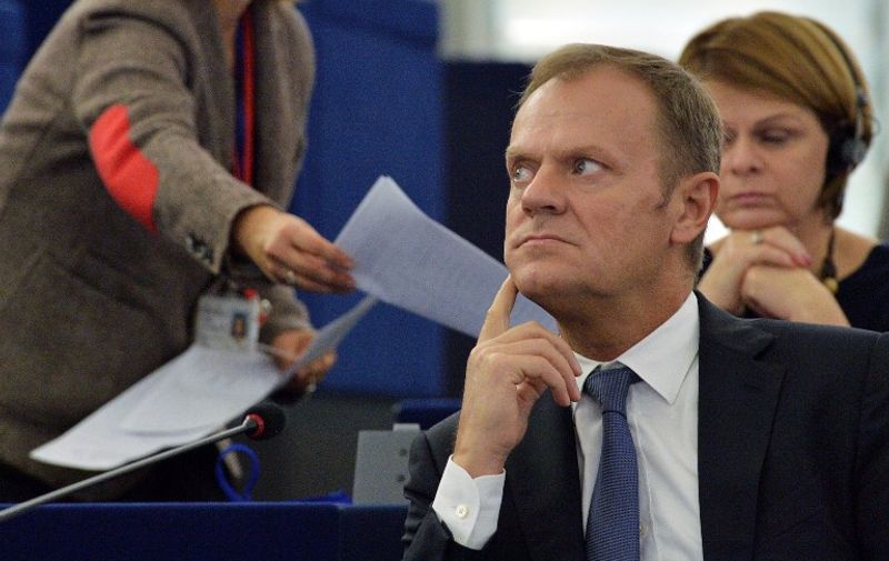European Council President Donald Tusk attends a debate on the ongoing migration crisis at the European Parliament in Strasbourg, eastern France, on October 27, 2015.  AFP PHOTO / PATRICK HERTZOG