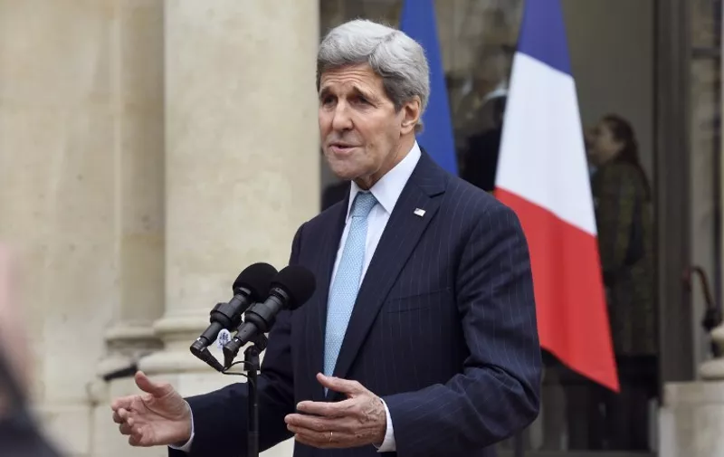 US Secretary of State John Kerry addresses reporters following his meeting with the French President at the Elysee palace in Paris on November 17, 2015, four days after a spate of coordinated attacks in Paris that left at least 129 dead and over 350 injured late on November 13. US Secretary of State John Kerry arrived in Paris for talks after the attacks on the French capital, vowing to defeat terrorism. AFP PHOTO / DOMINIQUE FAGET
