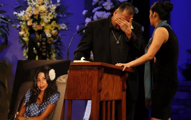 Reynaldo Gonzalez (L), father of Nohemi Gonzalez, cries during the  funeral service for Nohemi Gonzalez at the Calvary Chapel in Downey, California on December 4, 2015.  California State University  student Gonzalez,23,  was killed when the shooters opened fire at the Petit Cambodge restaurant in the 10th district, in the deadly Paris attacks that killed 129 and injured hundreds more. AFP PHOTO/Genaro Molina/ POOL / AFP PHOTO / POOL / Genaro Molina