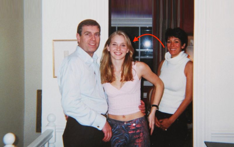 Los Angeles, CA  - **FILE PHOTOS** Prince Andrew smiling as he stands with his left arm around the waist of a young Virginia Roberts. It is alleged to have been taken in early 2001.  Ghislaine Maxwell stands behind.
*Editorial Use Only* see Special Instructions.

BACKGRID USA 17 NOVEMBER 2019,Image: 483417216, License: Rights-managed, Restrictions: , Model Release: no