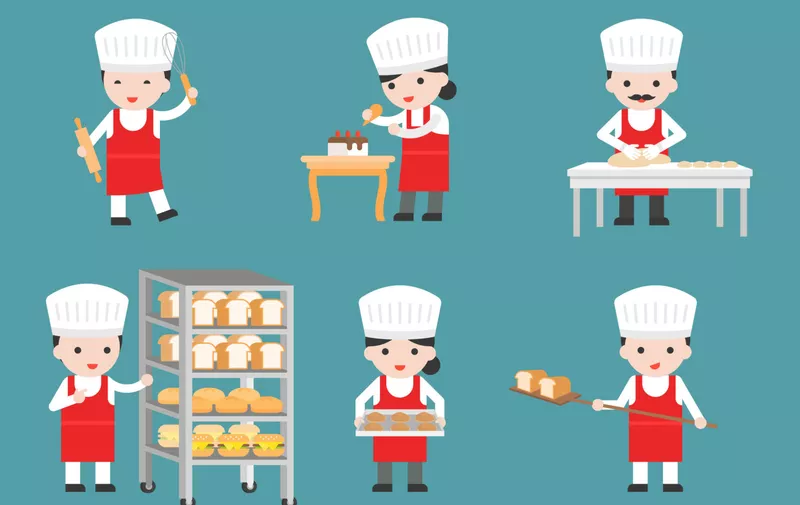 Cute pastry chef characters set with bread and cooking tools, flat design