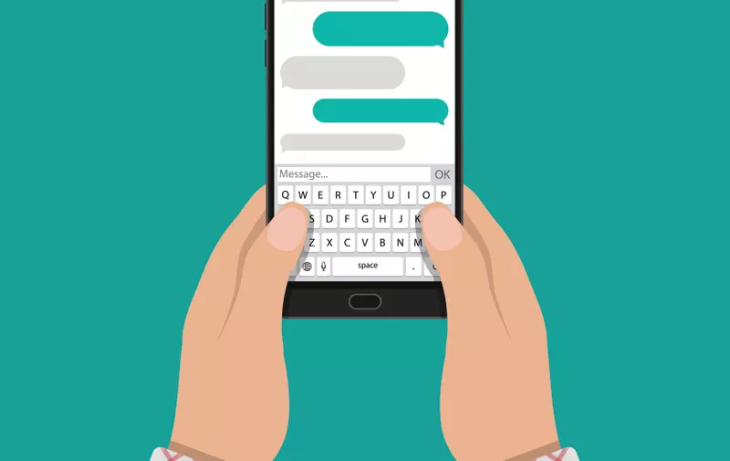 Hands holds smartphone with messaging sms app. Vector illustration in flat style