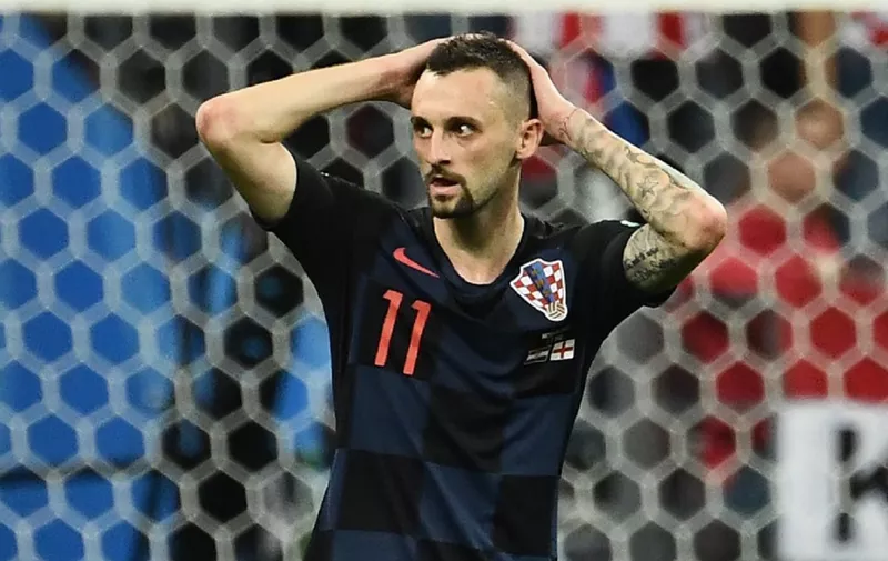 Croatia's midfielder Marcelo Brozovic reacts during the Russia 2018 World Cup semi-final football match between Croatia and England at the Luzhniki Stadium in Moscow on July 11, 2018. (Photo by FRANCK FIFE / AFP) / RESTRICTED TO EDITORIAL USE - NO MOBILE PUSH ALERTS/DOWNLOADS