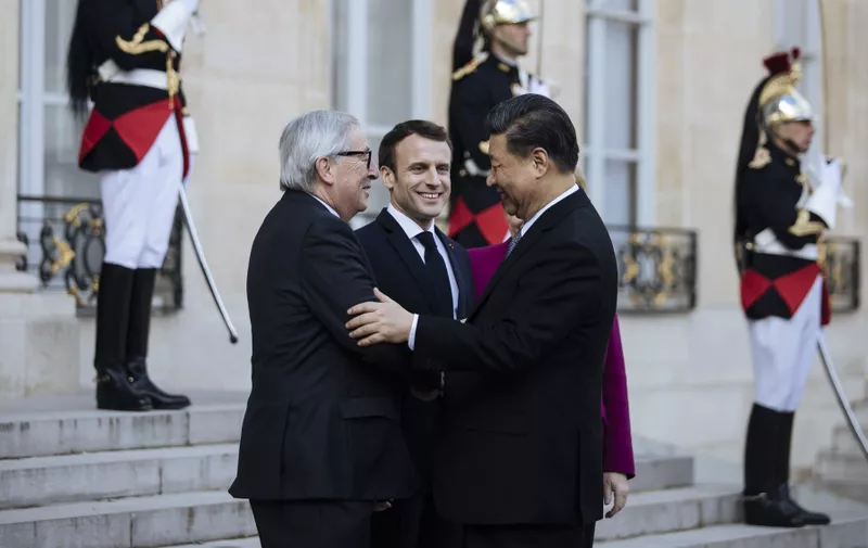 French President Emmanuel Macron  welcomes EU Commission President Jean-Claude Juncker , German Chancellor Angela Merkel  and Chinese President Xi Jinping  before a meeting at the Elysee Palace in Paris on March 26, 2019.//JOLYLEWIS_joly307/1903261130/Credit:LEWIS JOLY/SIPA/1903261134, Image: 422254108, License: Rights-managed, Restrictions: , Model Release: no, Credit line: Profimedia, TEMP Sipa Press