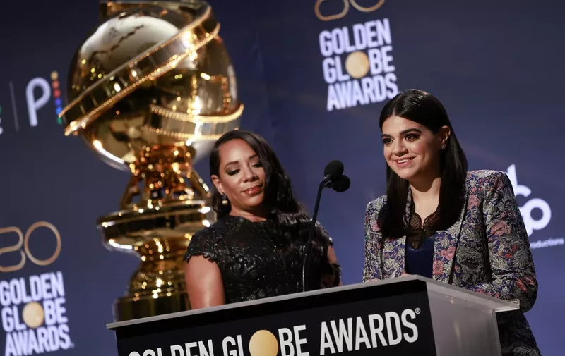 US actress Selenis Leyva (L) and US actress Mayan Lopez speak during the unveiling of the nominations for the 80th Golden Globe awards, in Berverly Hills, California, on December 12, 2022. - Irish black comedy "The Banshees of Inisherin" topped the Golden Globes nominations Monday, as the scandal-struck Hollywood award show attempts to rebuild its reputation following last year's boycott by A-listers and studios. (Photo by Michael Tran / AFP)