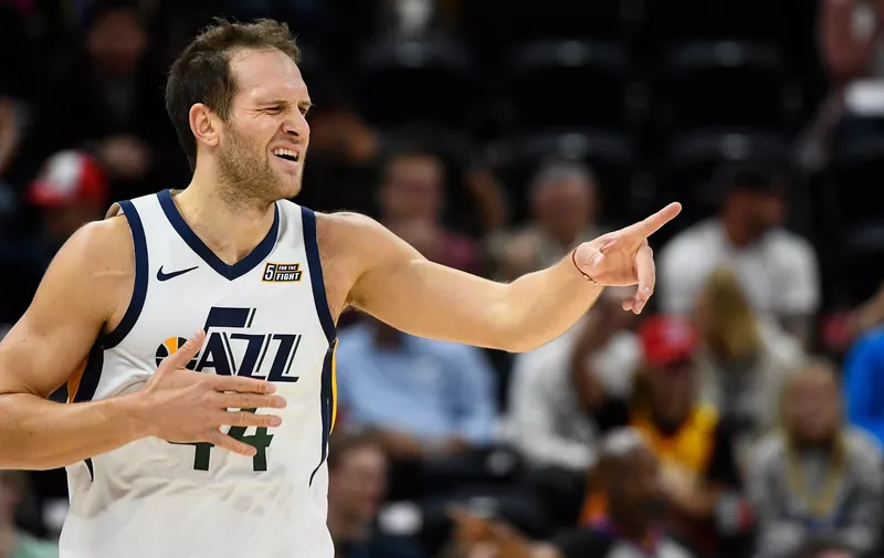 SALT LAKE CITY, UT - OCTOBER 05:  Bojan Bogdanovic #44 of the Utah Jazz celebrates a play during a game against the Adelaide 36ers at Vivint Smart Home Arena on October 5, 2019 in Salt Lake City, Utah. NOTE TO USER: User expressly acknowledges and agrees that, by downloading and or using this photograph, User is consenting to the terms and conditions of the Getty Images License Agreement.  (Photo by Alex Goodlett/Getty Images)