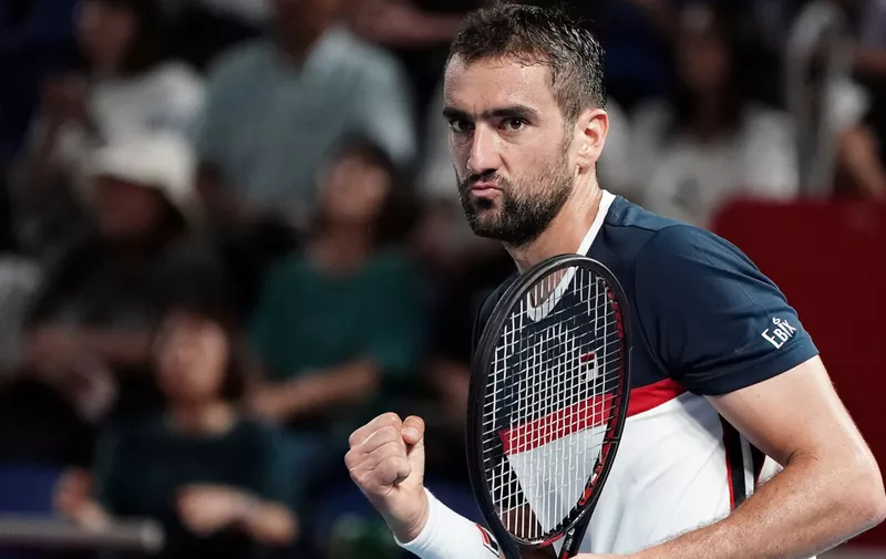 TOKYO, JAPAN - OCTOBER 03: Marin Cilic of Croatia reacts during his match against Hyeon Chung of South Korea on day four of the Rakuten Open at the Ariake Coliseum on October 03, 2019 in Tokyo, Japan. (Photo by Koji Watanabe/Getty Images)