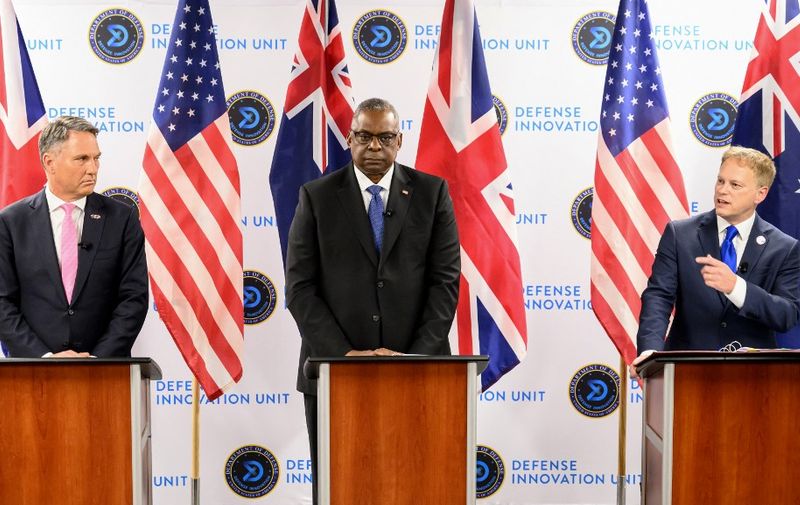 (From L) Australian Deputy Prime Minister and Defense Minister Richard Marles, US Defense Secretary Lloyd Austin and British Defense Secretary Grant Shapps hold a press conference during the AUKUS Defense Ministerial Meeting in Mountain View, California, on December 1, 2023. (Photo by JOSH EDELSON / AFP)