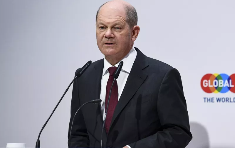 German Chancellor Olaf Scholz speaks during the Global Solutions Summit 2022 in Berlin, Germany, March 28, 2022. - The Global Solutions Summit is the worlds premier forum for transforming research-based insights into policy recommendations for the G7/G20. (Photo by ANNEGRET HILSE / POOL / AFP)