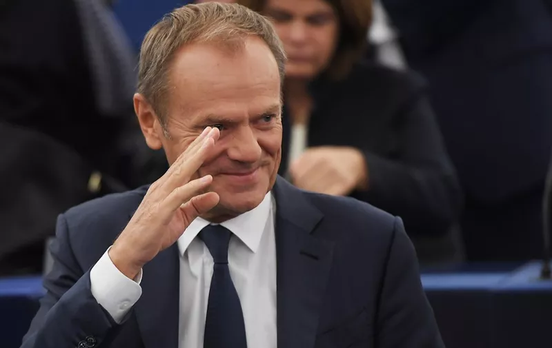 European Council President Donald Tusk gestures ahead of a debate on the results of October EU summit at the European Parliament on October 22, 2019 in Strasbourg, eastern France. (Photo by FREDERICK FLORIN / AFP)