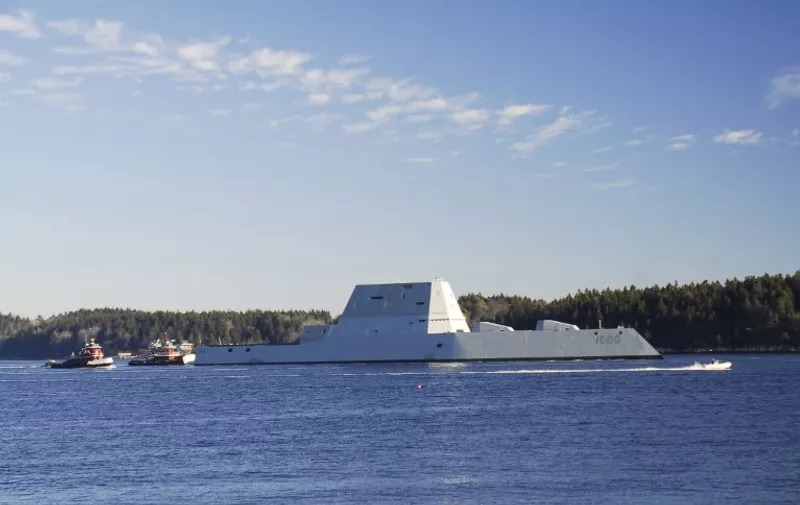 In this US Navy handout photo, the future USS Zumwalt (DDG 1000) is underway for the first time conducting at-sea tests and trials on December 7, 2015 on the Kennebeck River in Massachusetts. The multimission ship will provide independent forward presence and deterrence, support special operations forces, and operate as an integral part of joint and combined expeditionary forces.  AFP PHOTO / HANDOUT / US NAVY PHOTO COURTESY OF GENERAL DYNAMICS BATH IRON WORKS                  == RESTRICTED TO EDITORIAL USE / MANDATORY CREDIT: "AFP PHOTO / HANDOUT / US NAVY / GENERAL DYNAMICS BATH IRON WORKS "/ NO MARKETING / NO ADVERTISING CAMPAIGNS / DISTRIBUTED AS A SERVICE TO CLIENTS ==  / AFP PHOTO / US NAVY / -