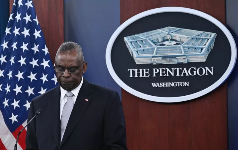 (FILES) US Defense Secretary Lloyd Austin pauses while speaking during a press conference at the Pentagon in Washington, DC, on February 1, 2024. US Secretary of Defense Lloyd Austin was hospitalized again on February 11, a Pentagon spokesman said, this time "for symptoms suggesting an emergent bladder issue," weeks after a previous stay he controversially kept secret. 
Austin effectively vanished from the public eye in late December and early January after suffering complications from treatment for a prostate surgery on December 22, having initially concealed his hospitalization from President Joe Biden and the rest of the government. (Photo by ANDREW CABALLERO-REYNOLDS / AFP)